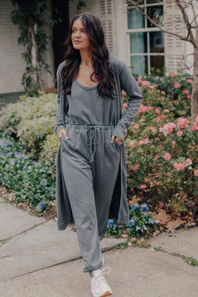 Jumpsuit and Cardigan Set GRAY Grey Suede